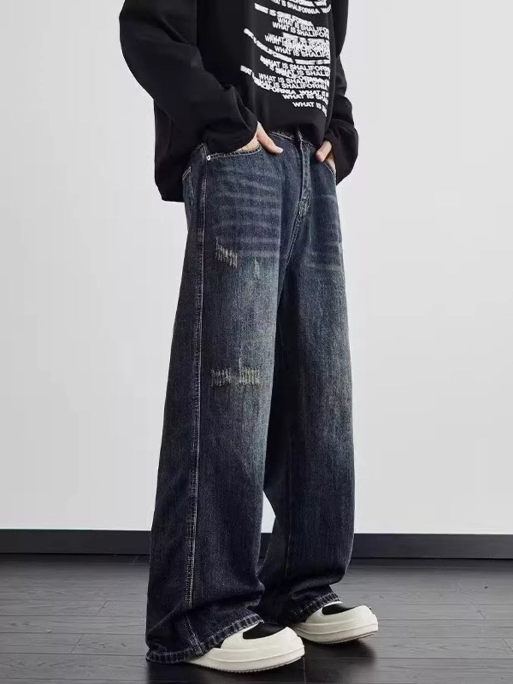 Men's Full Size Distressed Wide Leg Jeans Plus Size