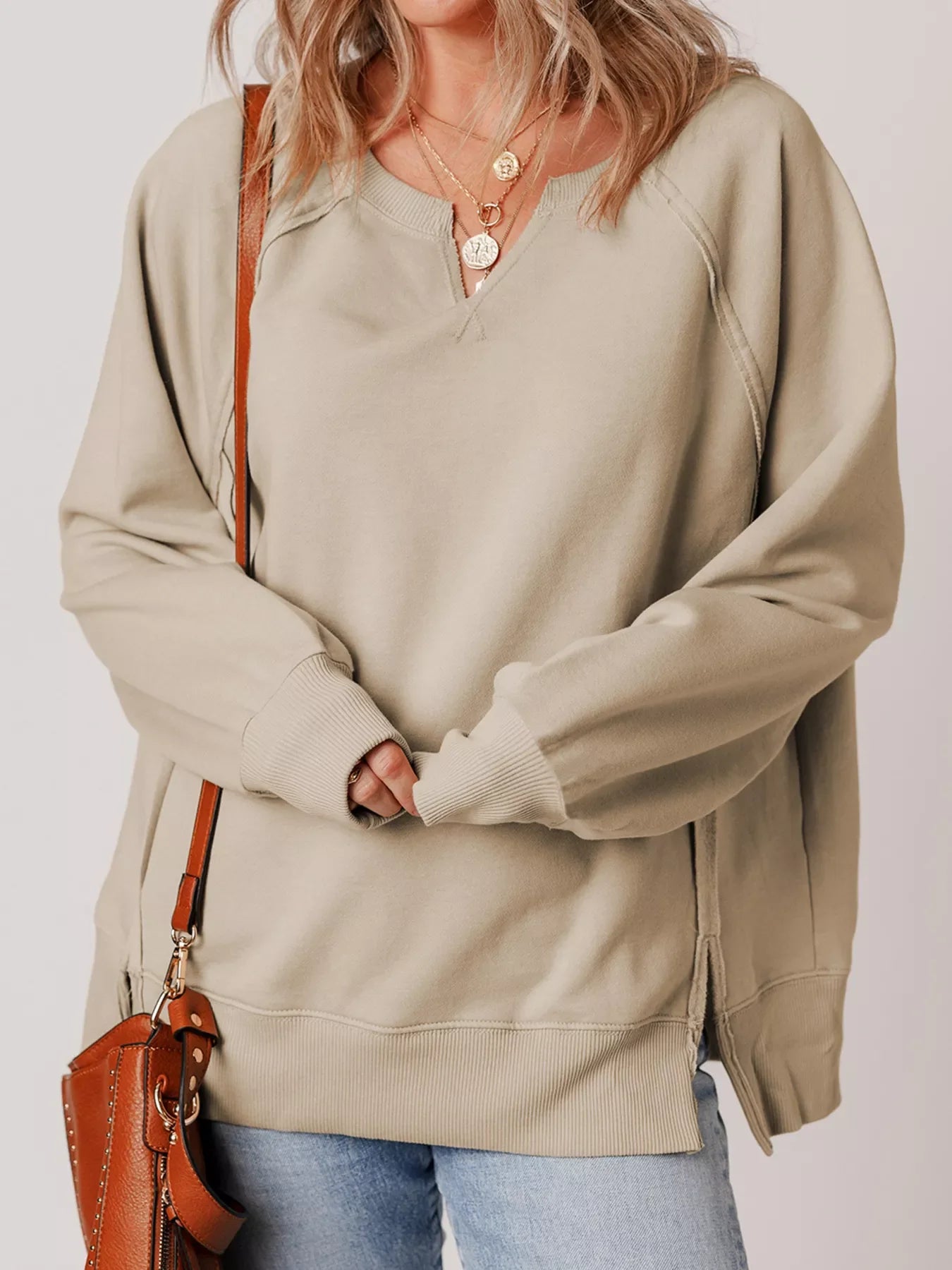Raw Edge Exposed Seam Raglan Sleeve Side Slit Sweatshirt