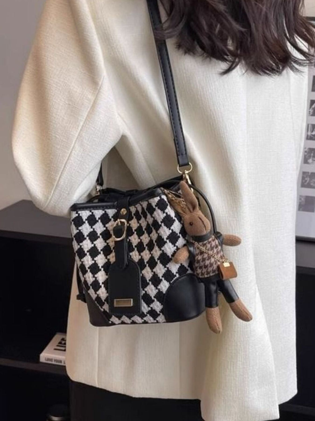 Checkerboard Pattern Bucket Crossbody Bag