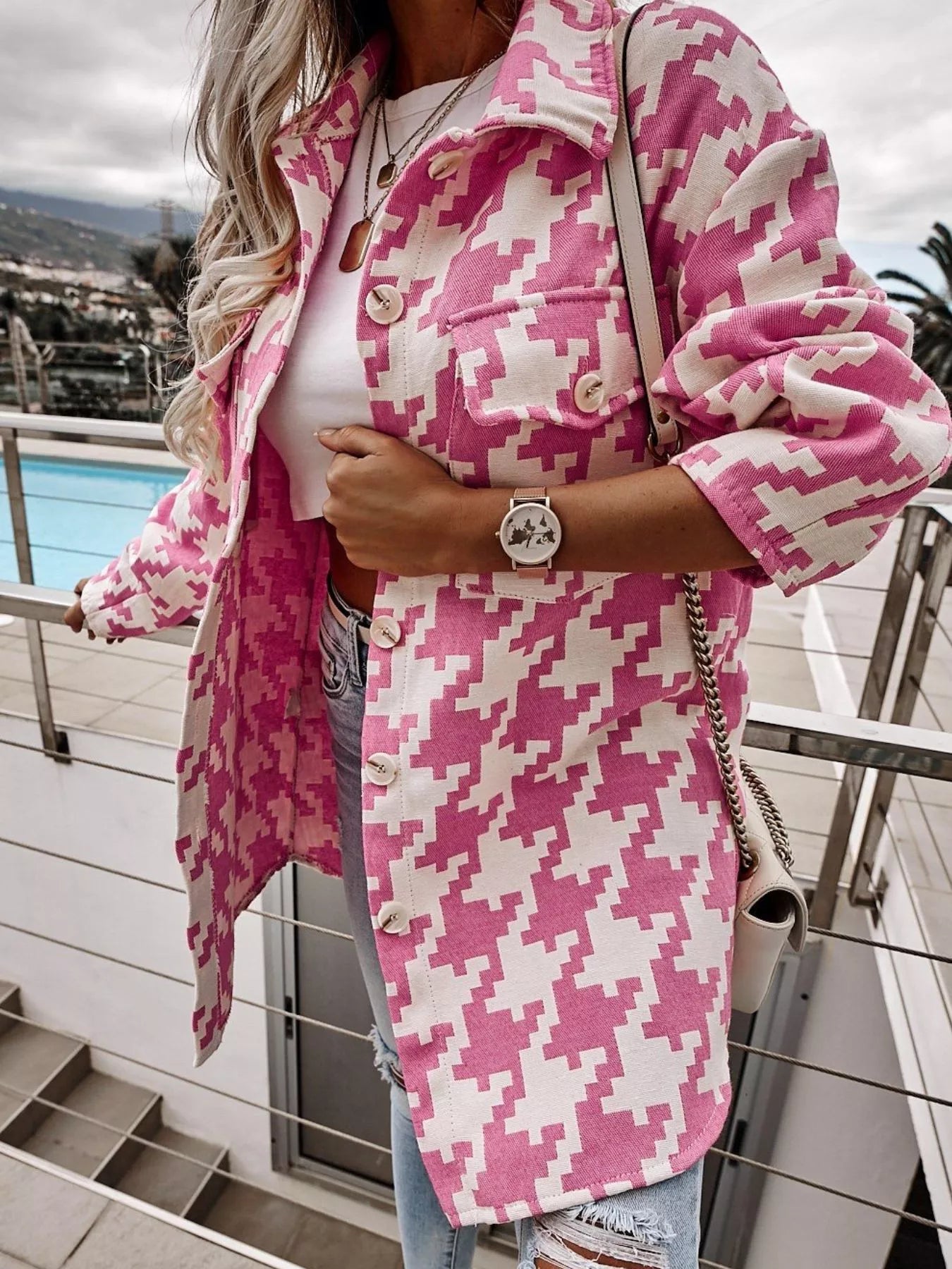 Houndstooth Button Up Long Sleeve Outerwear