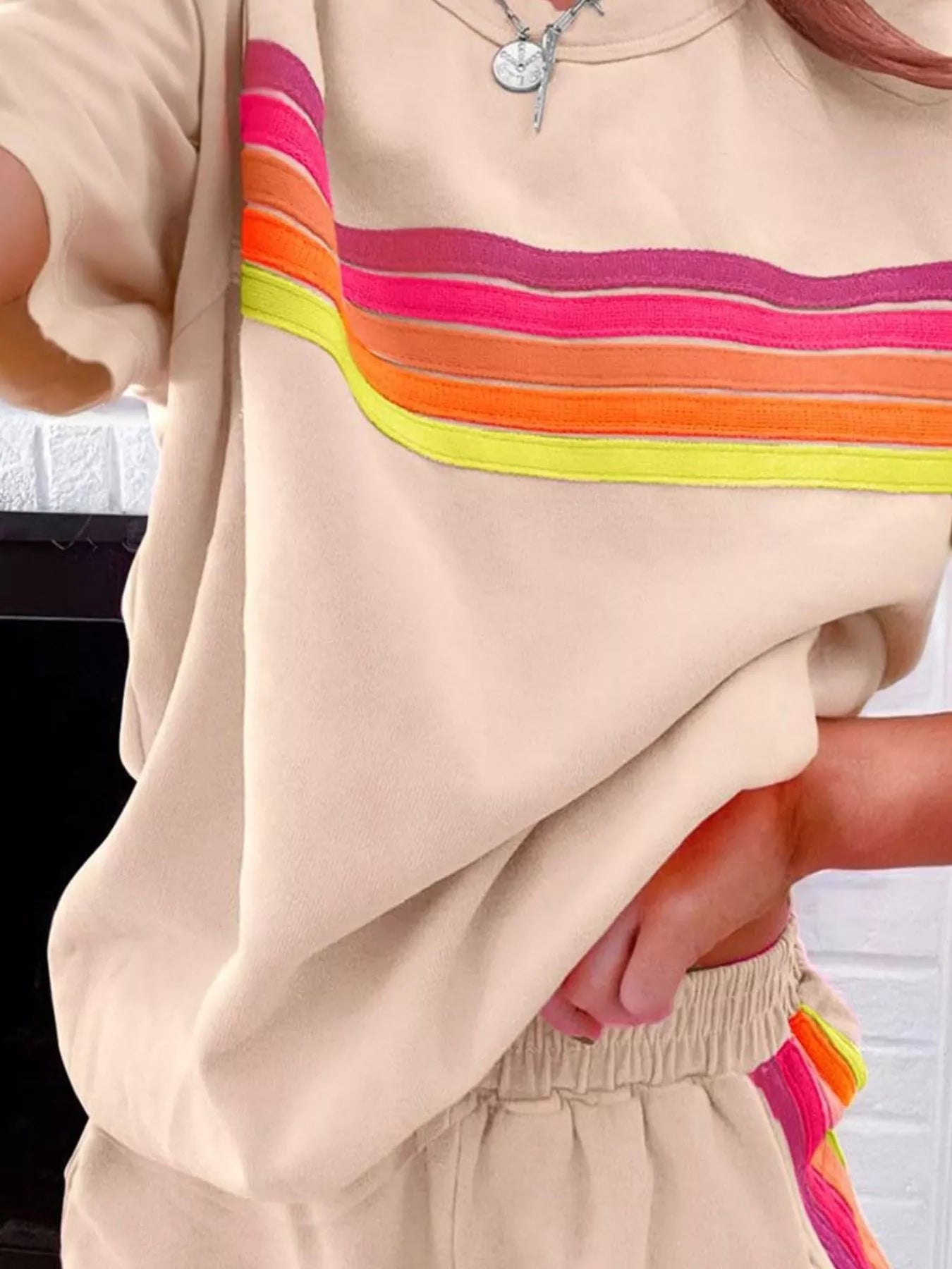 Rainbow Striped Round Neck Top and Shorts Set