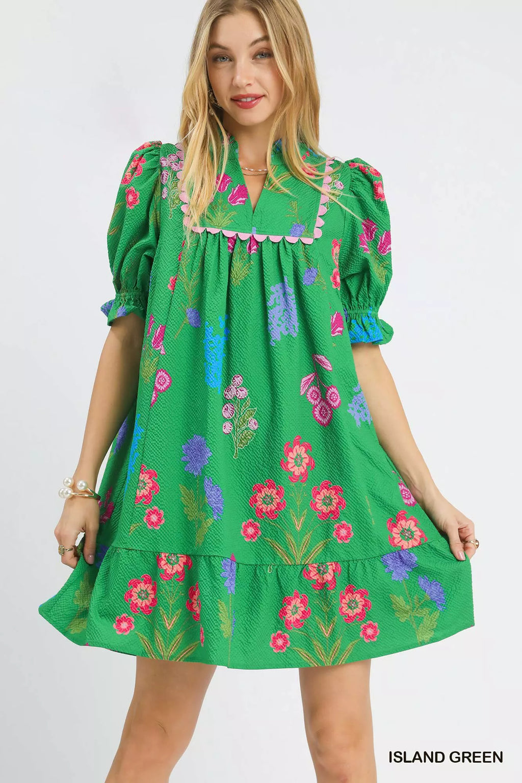 Umgee Multi Flower Print V-Neck Dress