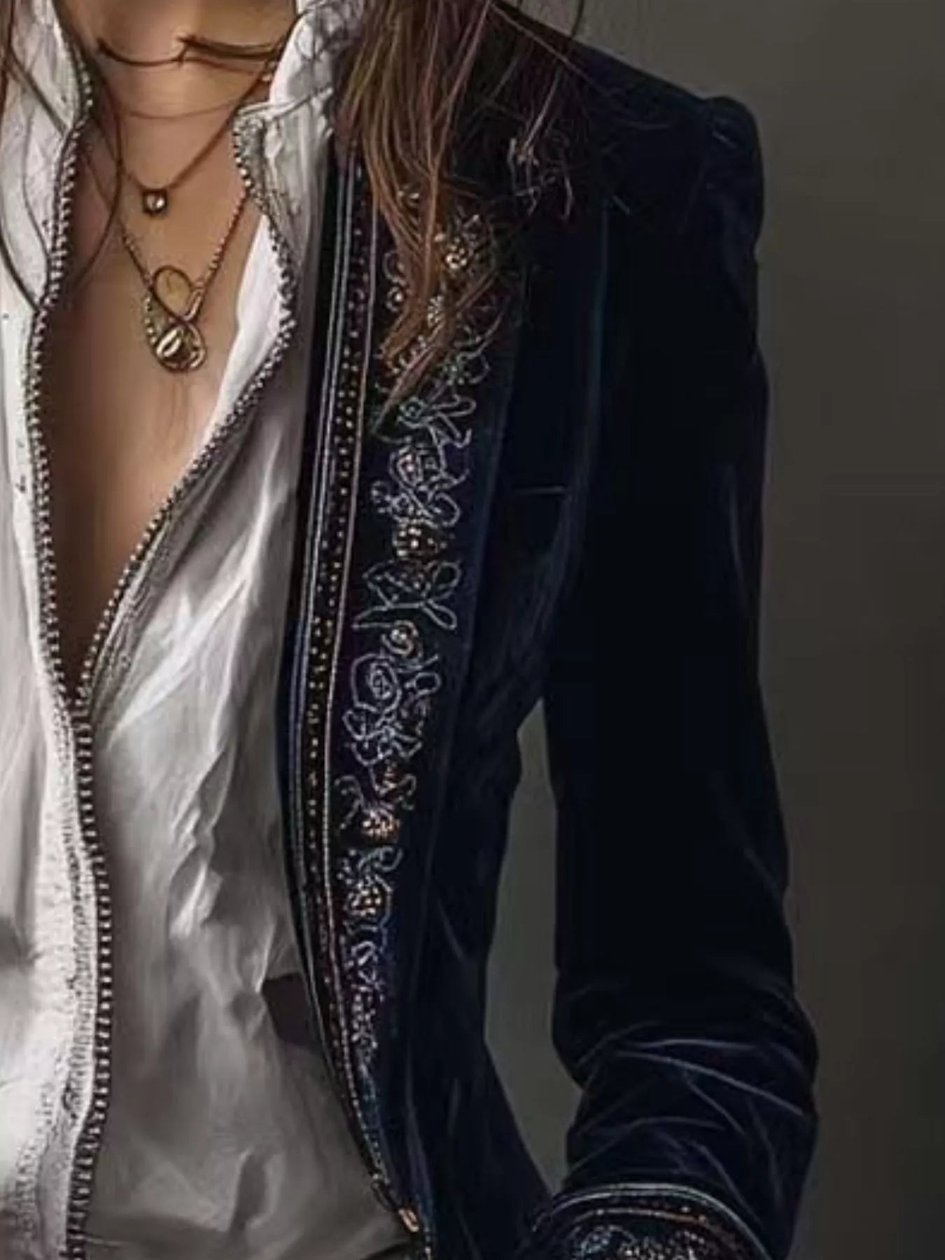 Embroidered Velvet Long Sleeve Outerwear
