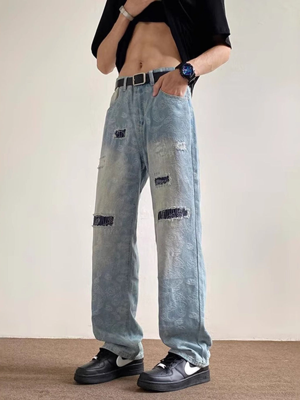 Men's Full Size Distressed Wide Leg Jeans Plus Size