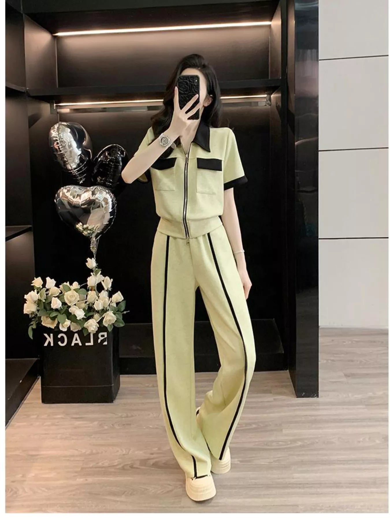 Contrast Zip Up Top and Wide-Leg Pants Set