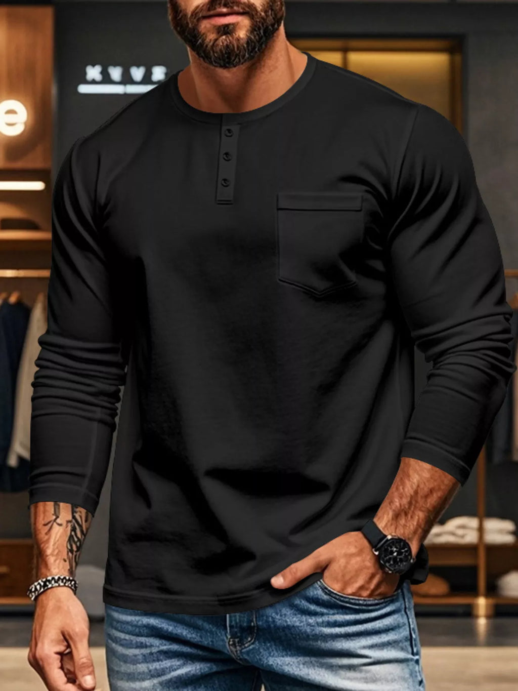 Men's Plus Size Casual Long Sleeve Henley T-Shirt with Pocket