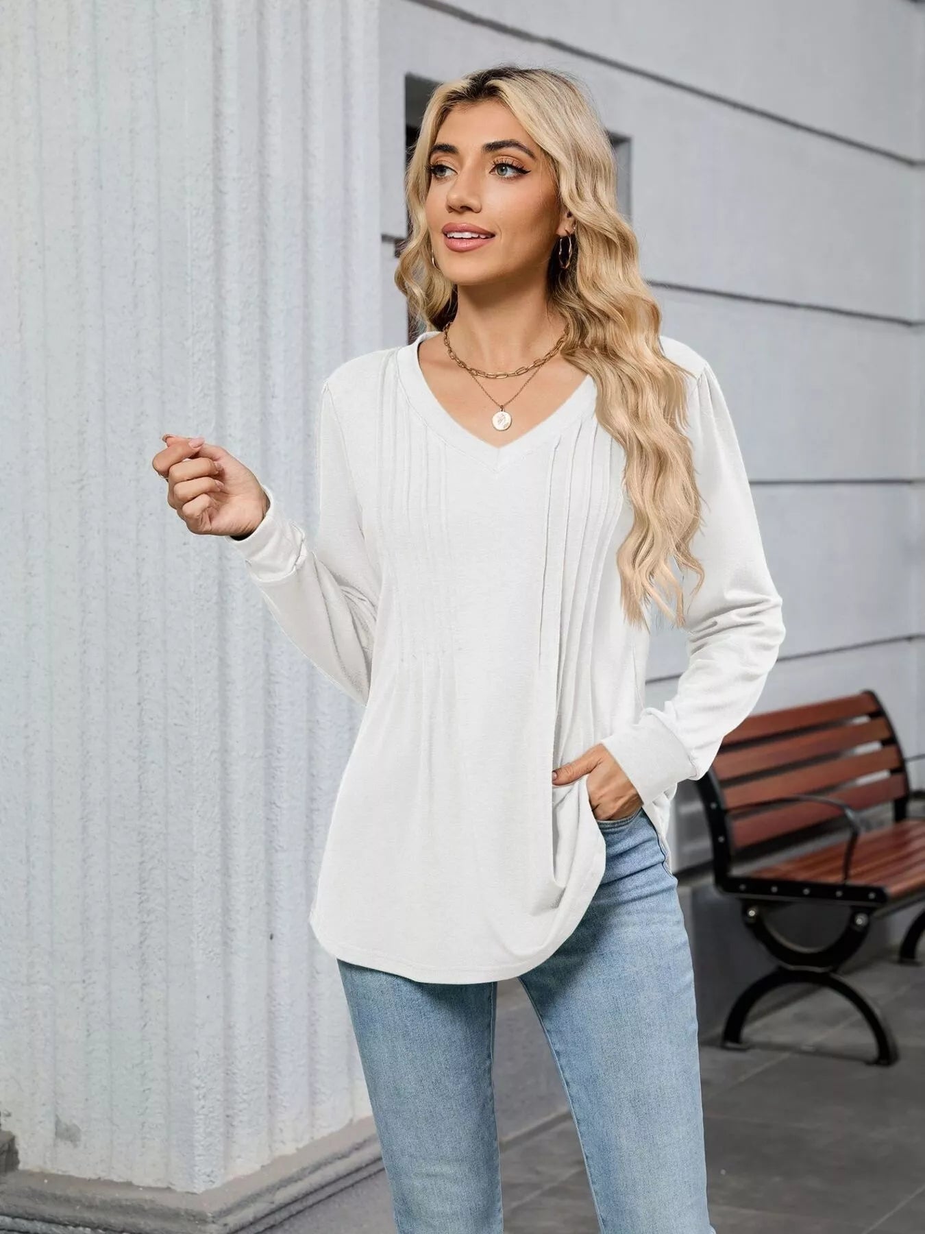 V-Neck Long Sleeve Relaxed Fit T-Shirt
