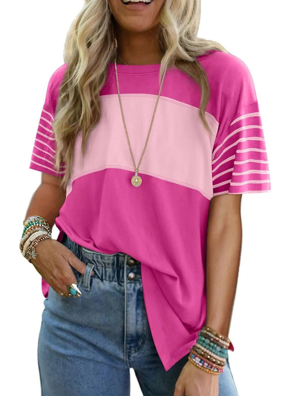 Color Block Striped Sleeve Casual T-Shirt
