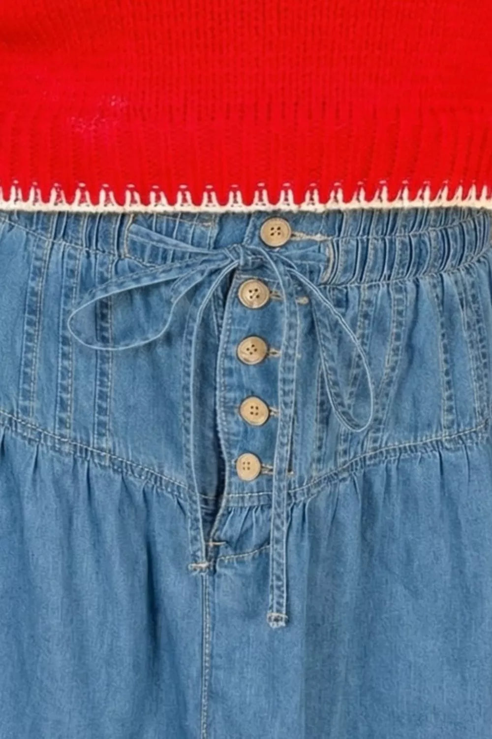 Button-Front Ruffle Hem Denim Skirt