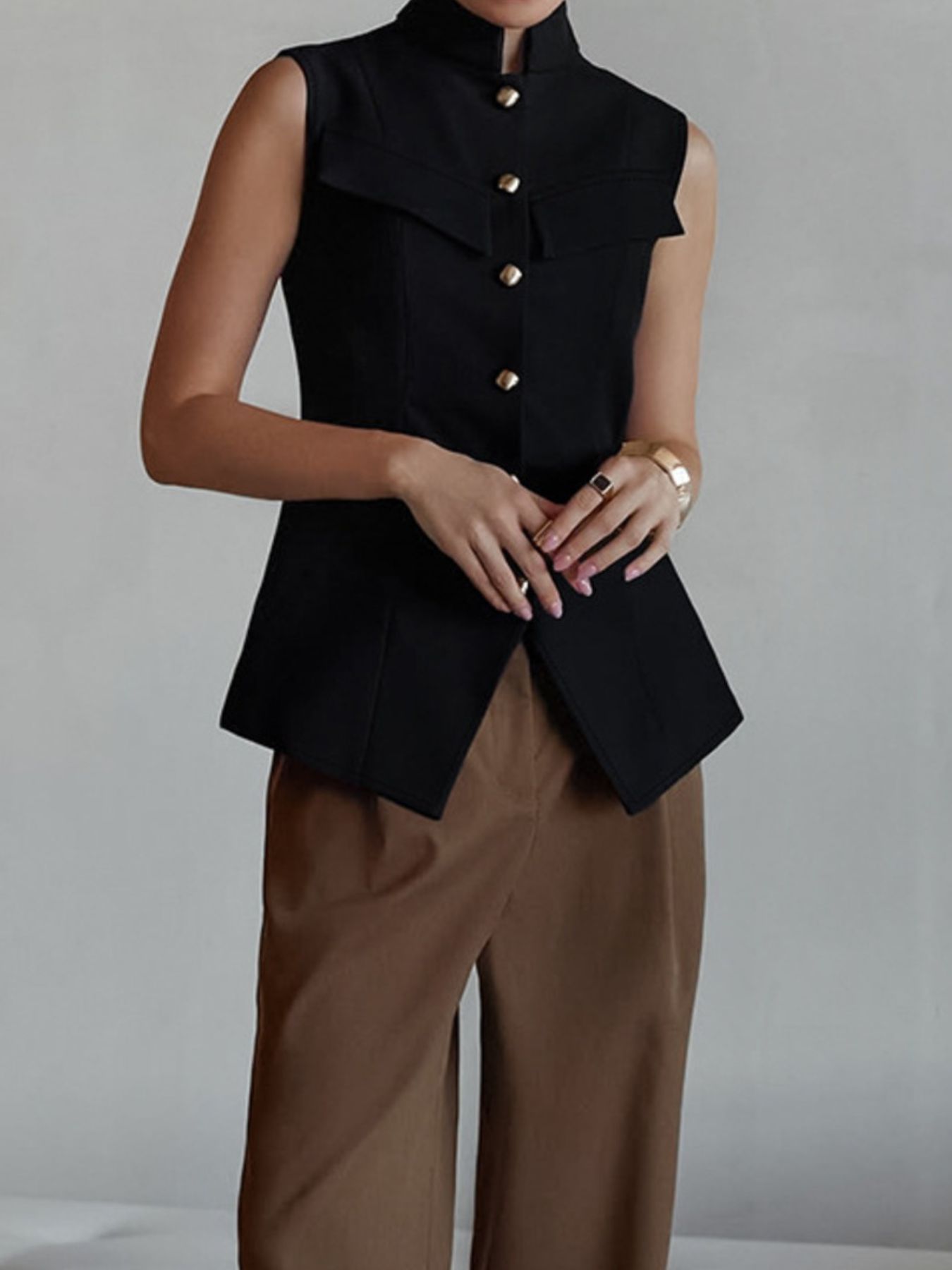 Stand Collar Button-Down Vest Coat