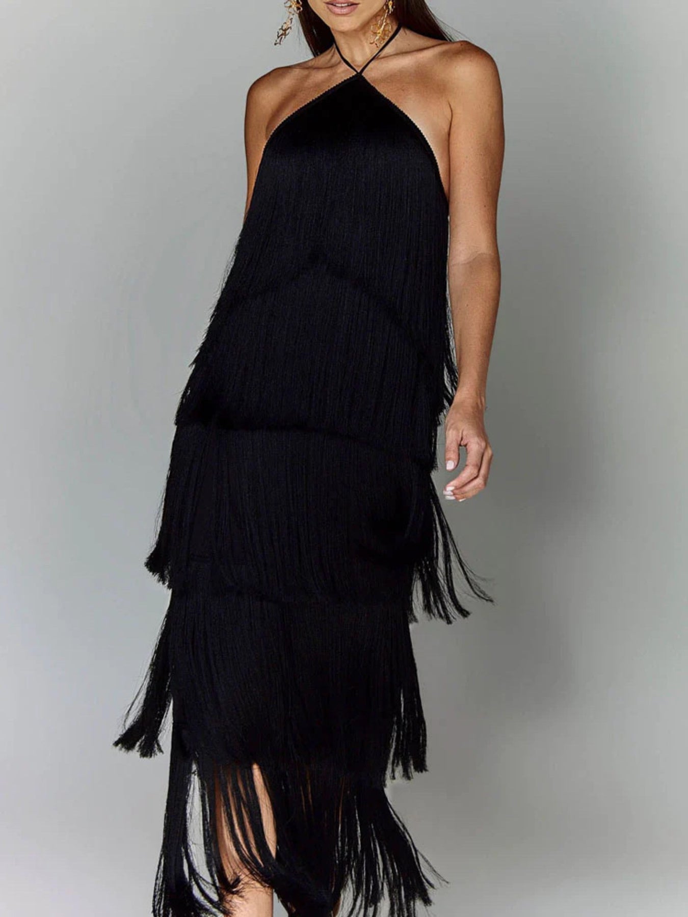 Fringe Halter Neck Maxi Dress