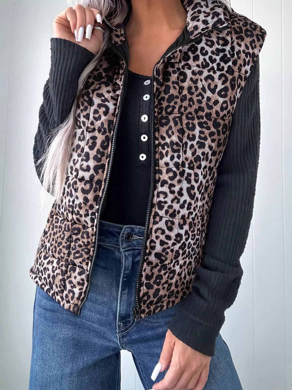 Leopard Quilted Full Zipper Casual Puff Vest