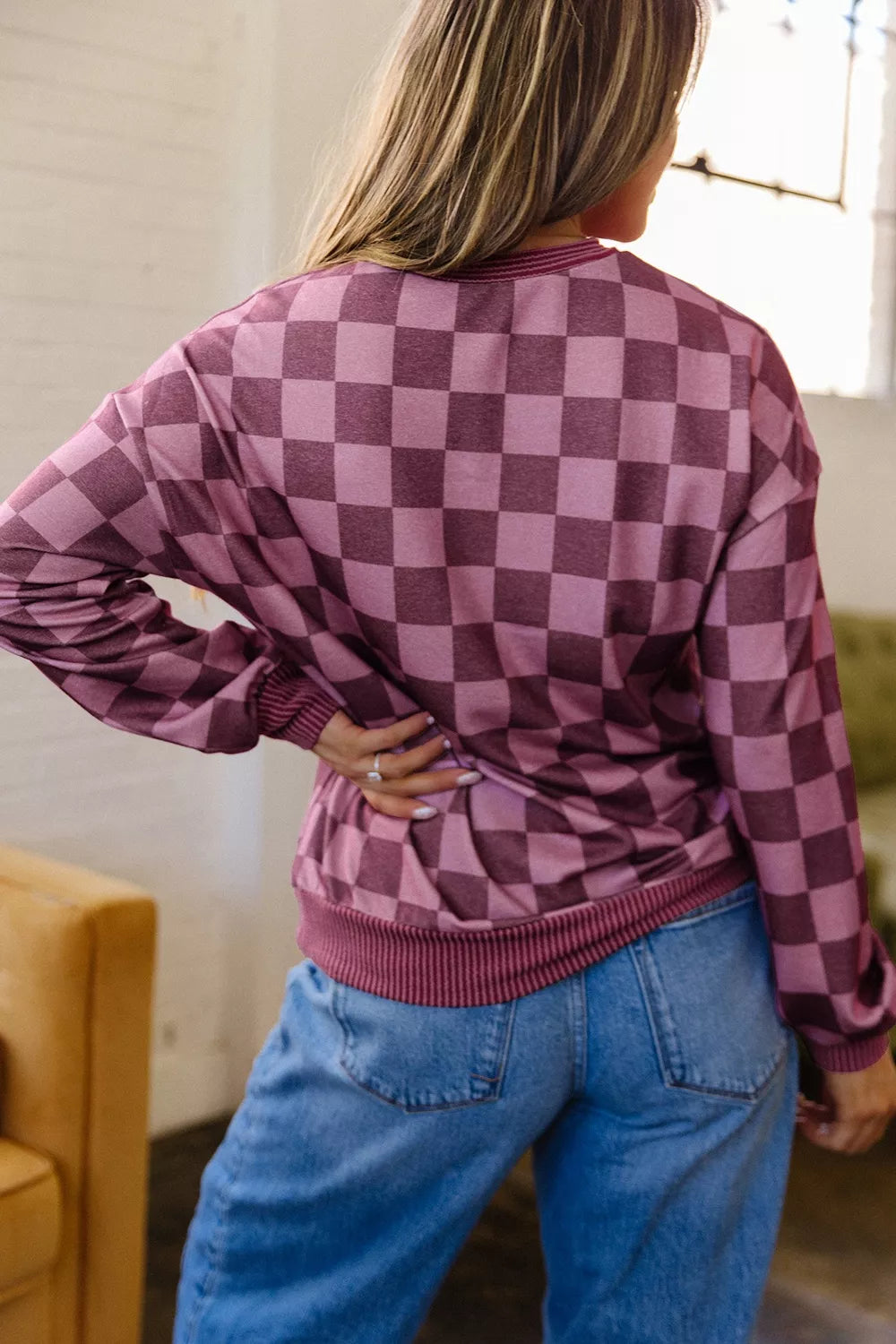 Ribbed Trim Checkered Print Long Sleeve Pullover Top