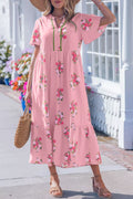 Notched Neck Flutter Short Sleeve Floral Print Dress