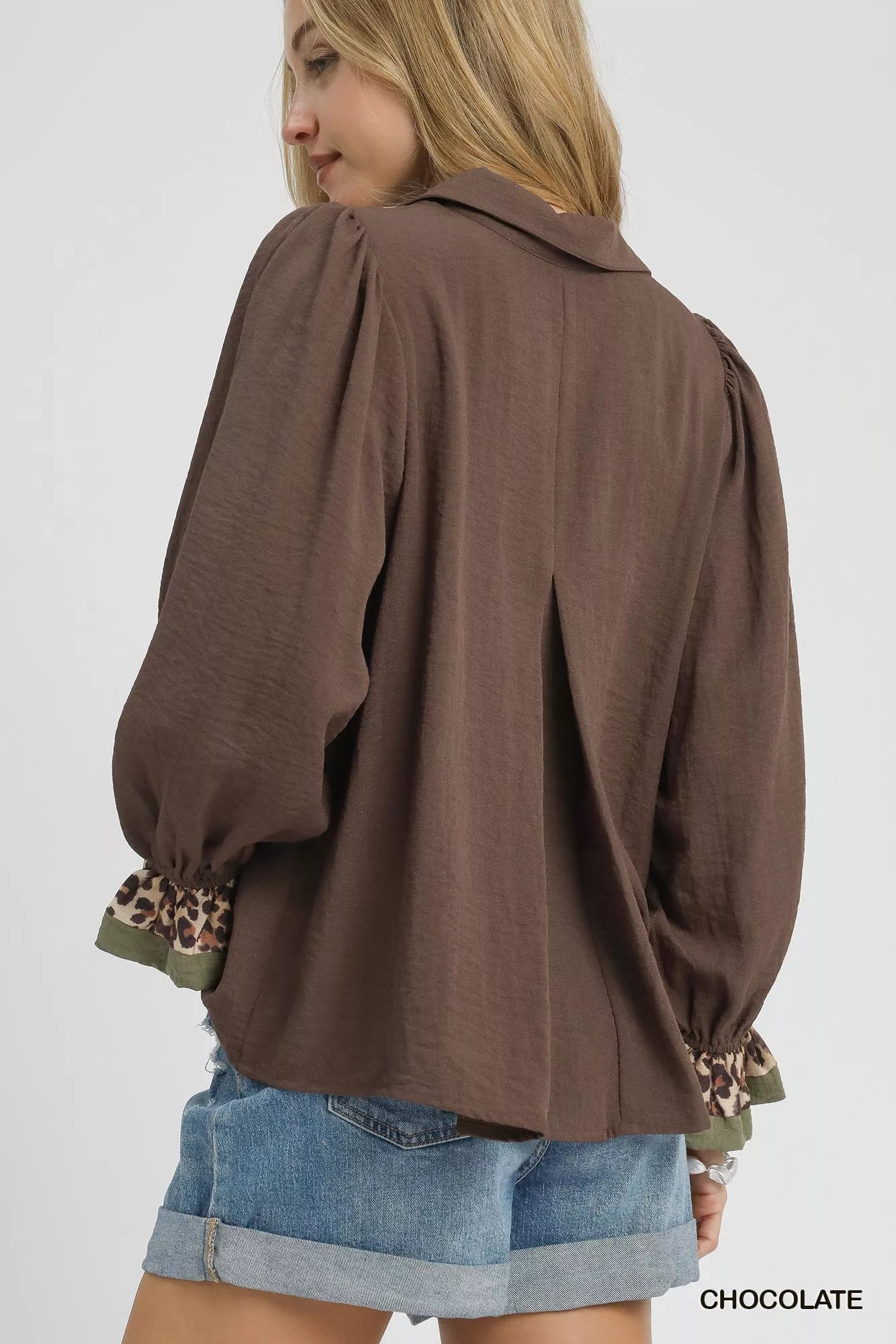 Umgee Half Button Blouse with Leopard Print Trim