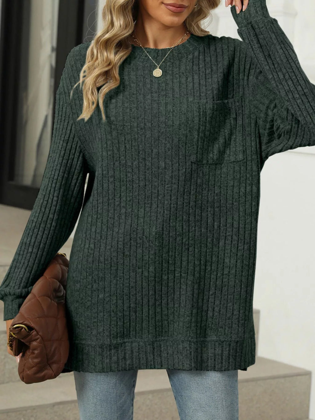 Ribbed Knit Round Neck Sweater