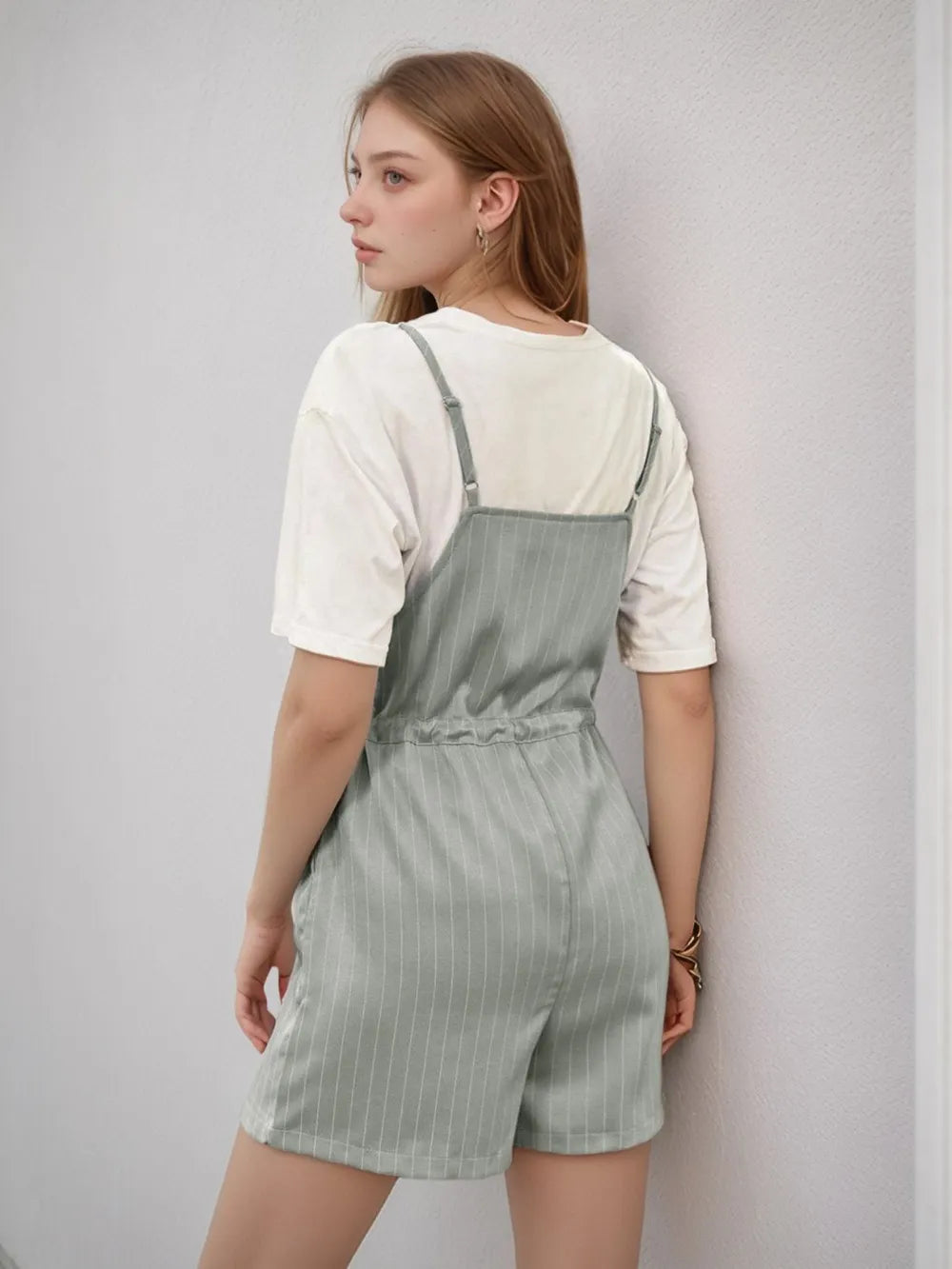 Perfee Drawstring Waist Striped Overalls with Pockets
