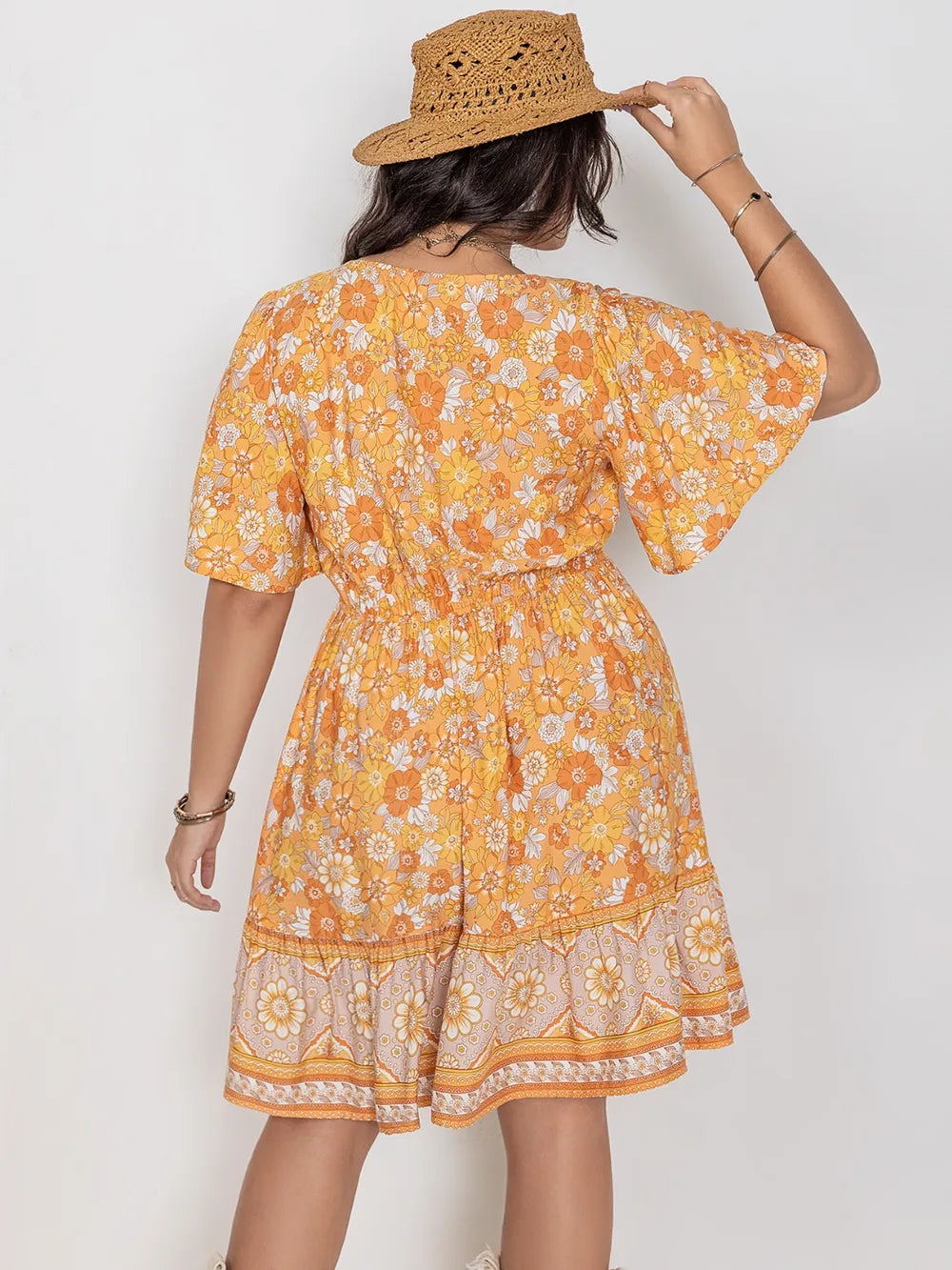 Plus Size Printed Square Neck Short Sleeve Dress