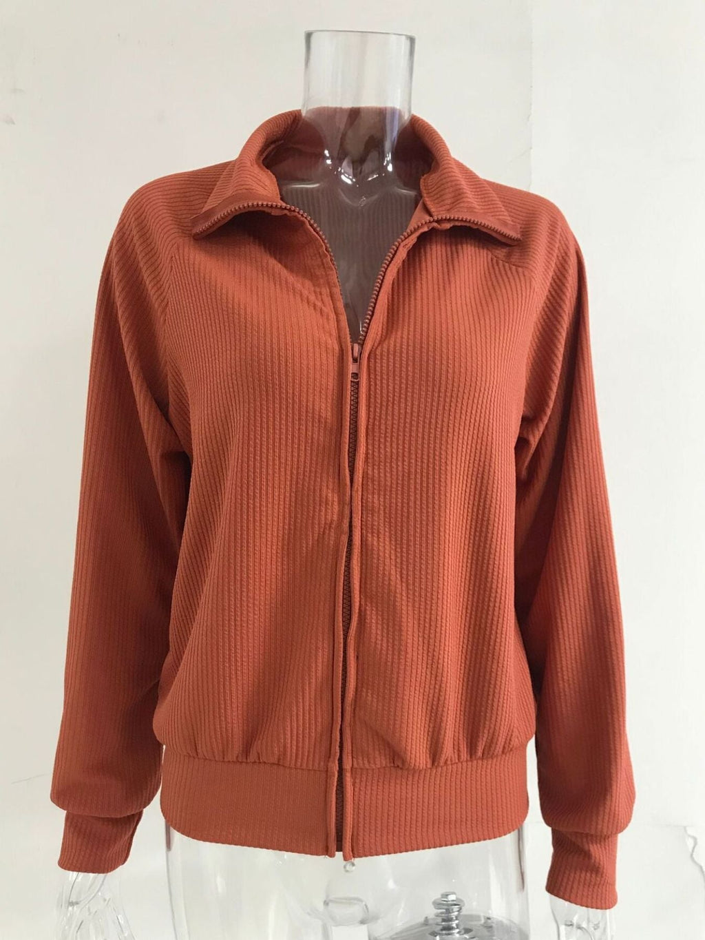Full Size Ribbed Knit Zip-Up Outerwear Plus Size