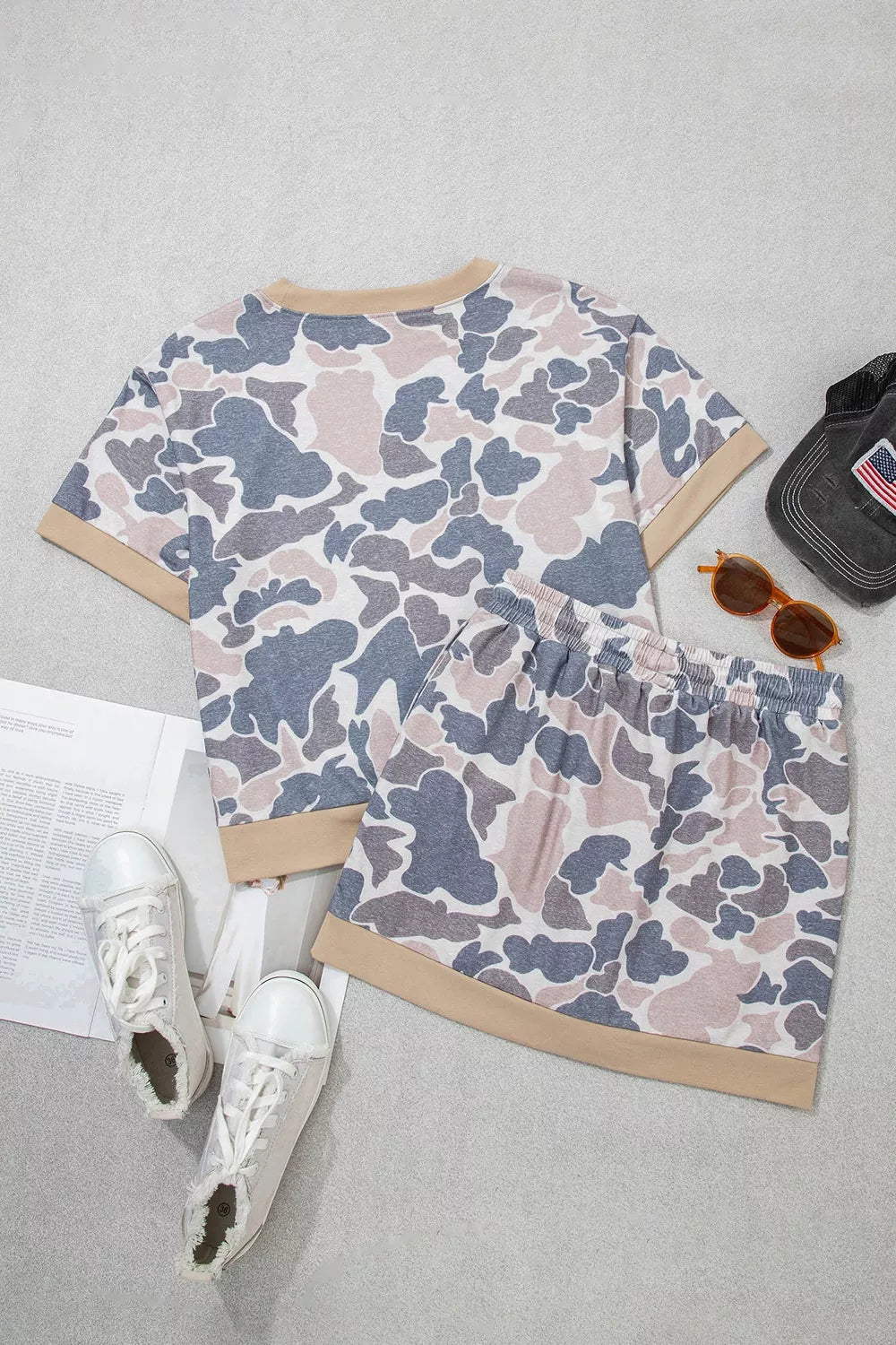 Camouflage Short Sleeve Top and Skirt Set