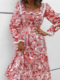 Printed Square Neck Long Sleeve Dress