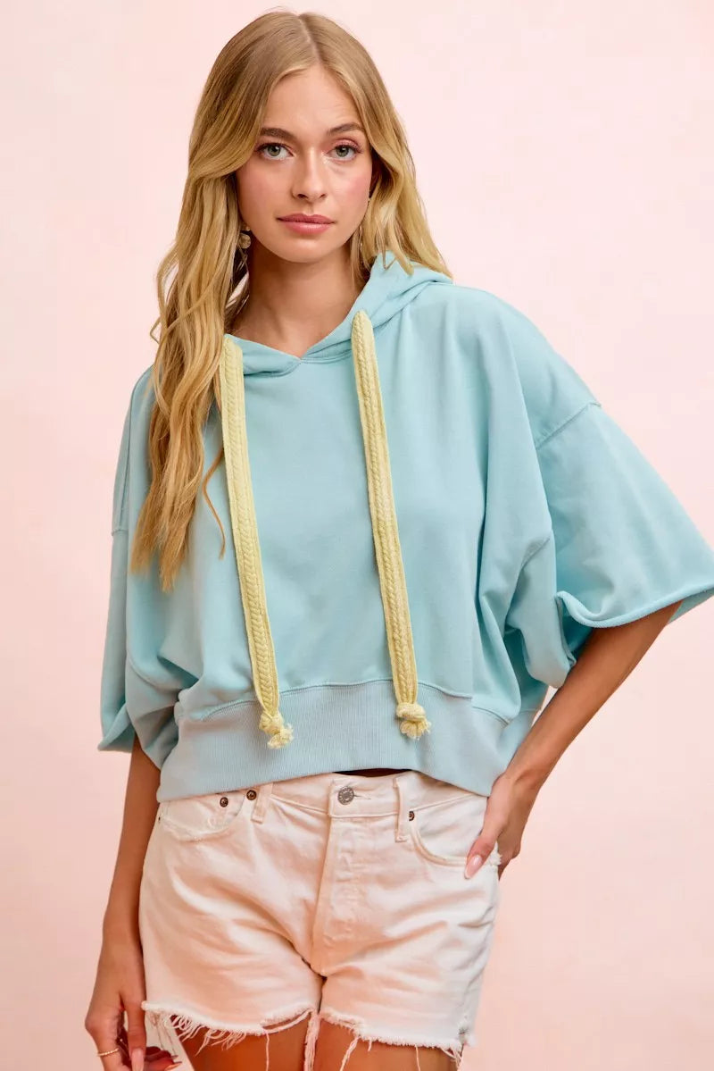 BiBi Washed Terry Short Sleeve Drawstring Hoodie Top