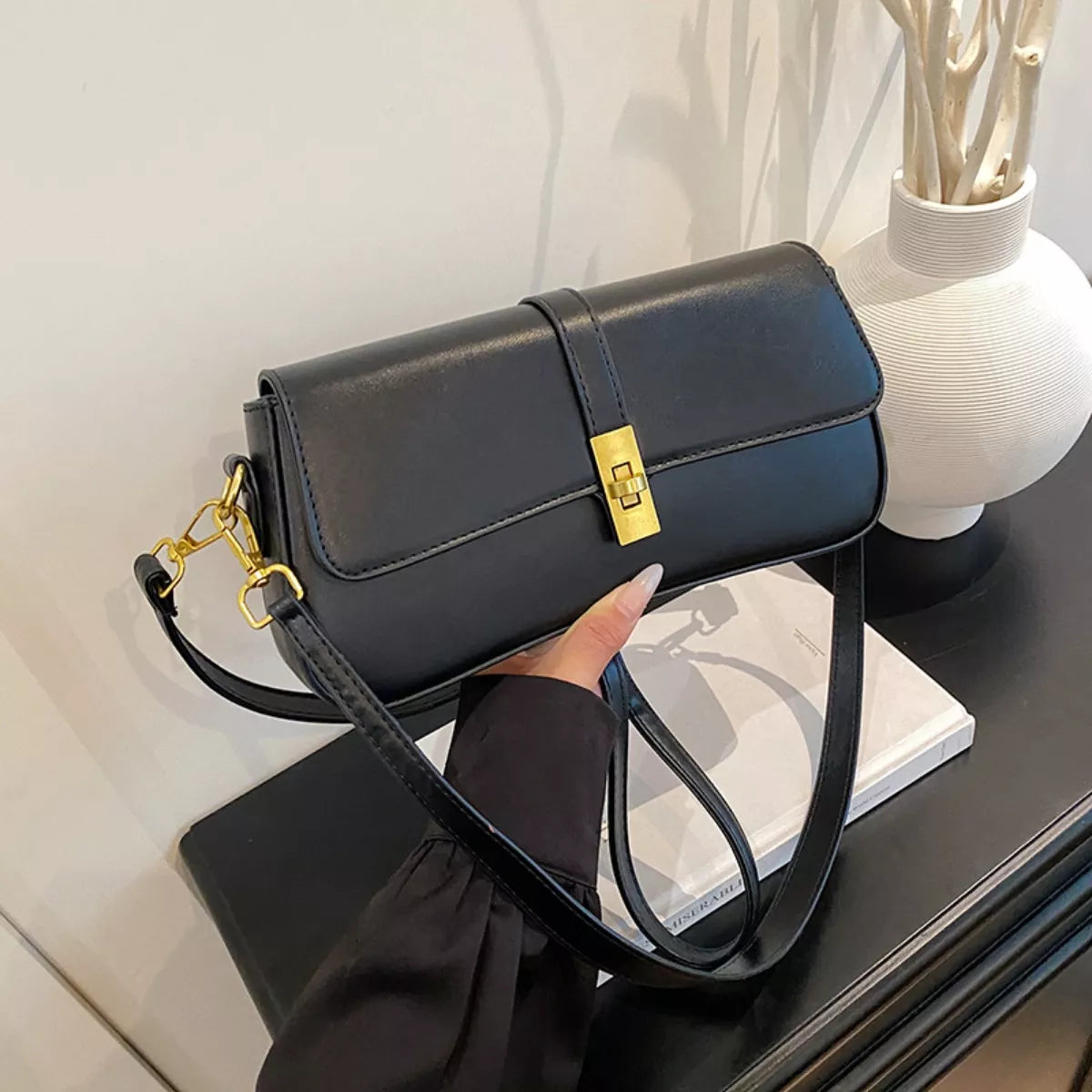 Rectangular Crossbody Bag with Golden Buckle