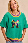 BiBi Mardi Gras Sequin Ribbon Patched Sweater