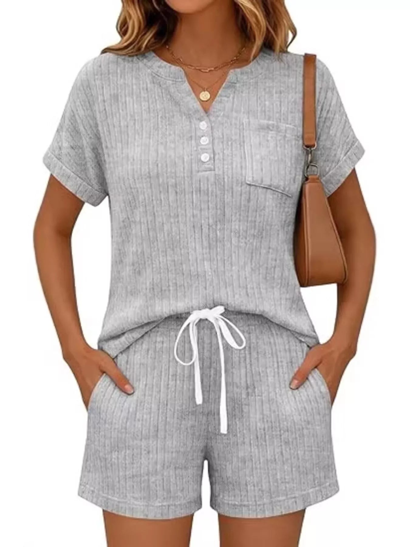 Casual Ribbed Knit Tee and Shorts Set