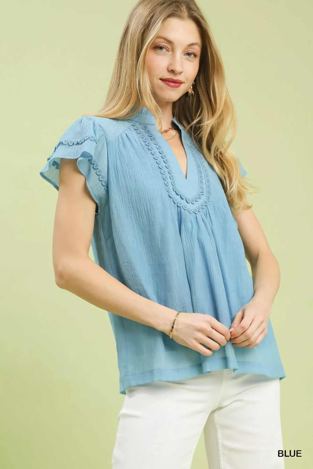 Umgee Scalloped Trim Flutter Sleeve Top