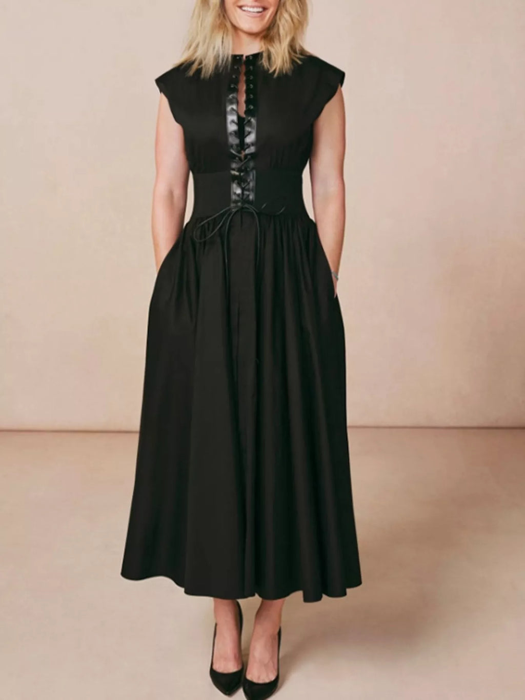 Lace-Up Corset Sleeveless Midi Dress