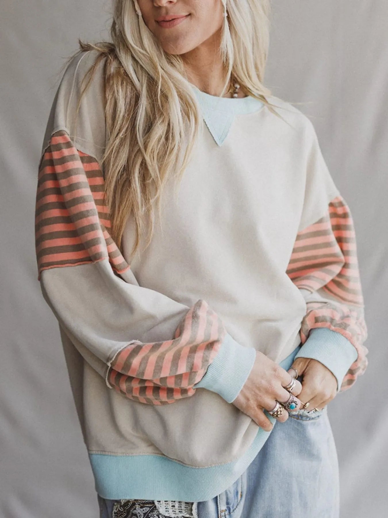 Striped Colorblock Patchwork Drop Shoulder Sweatshirt