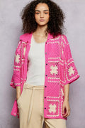 POL Button Down Openwork Floral Crochet Shirt with Granny Square Pattern