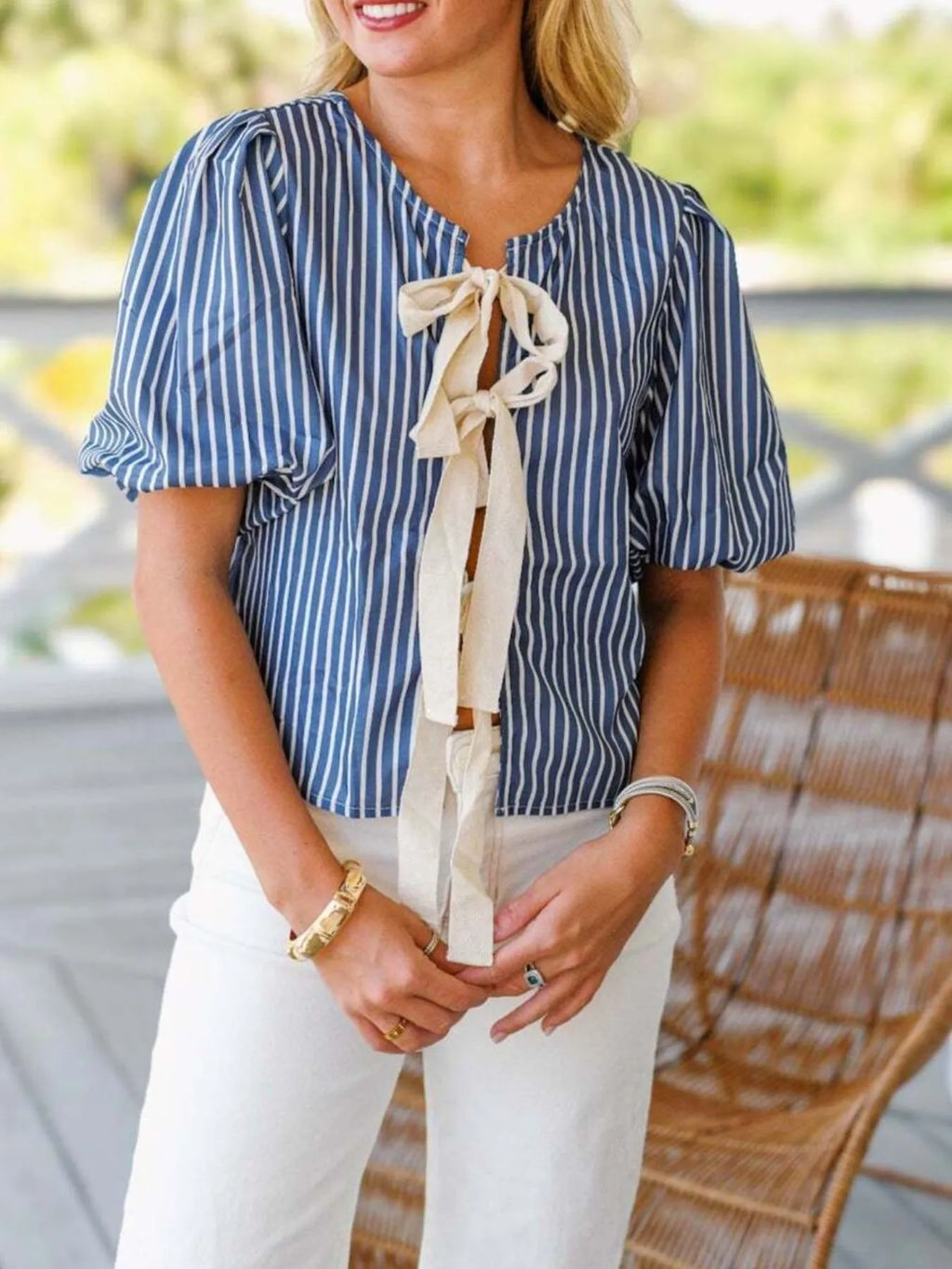 Tie Front Puff Sleeve Striped Blouse