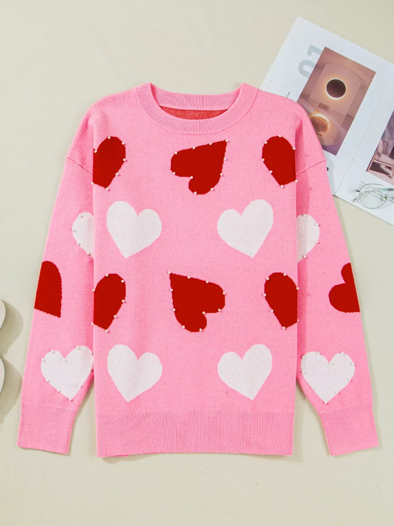 Pearl Embellished Heart Pattern Valentines Day Sweater
