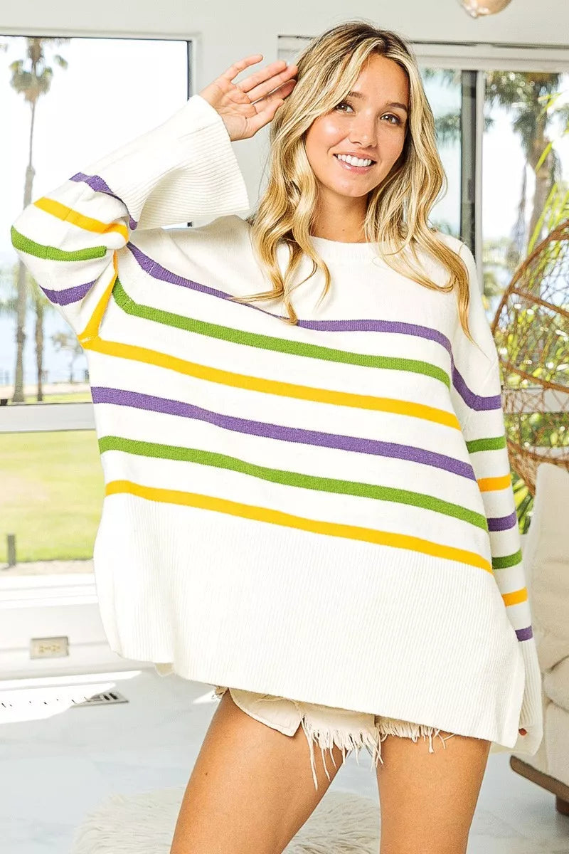 BiBi Ribbed Hem Mardi Gras Stripe Sweater