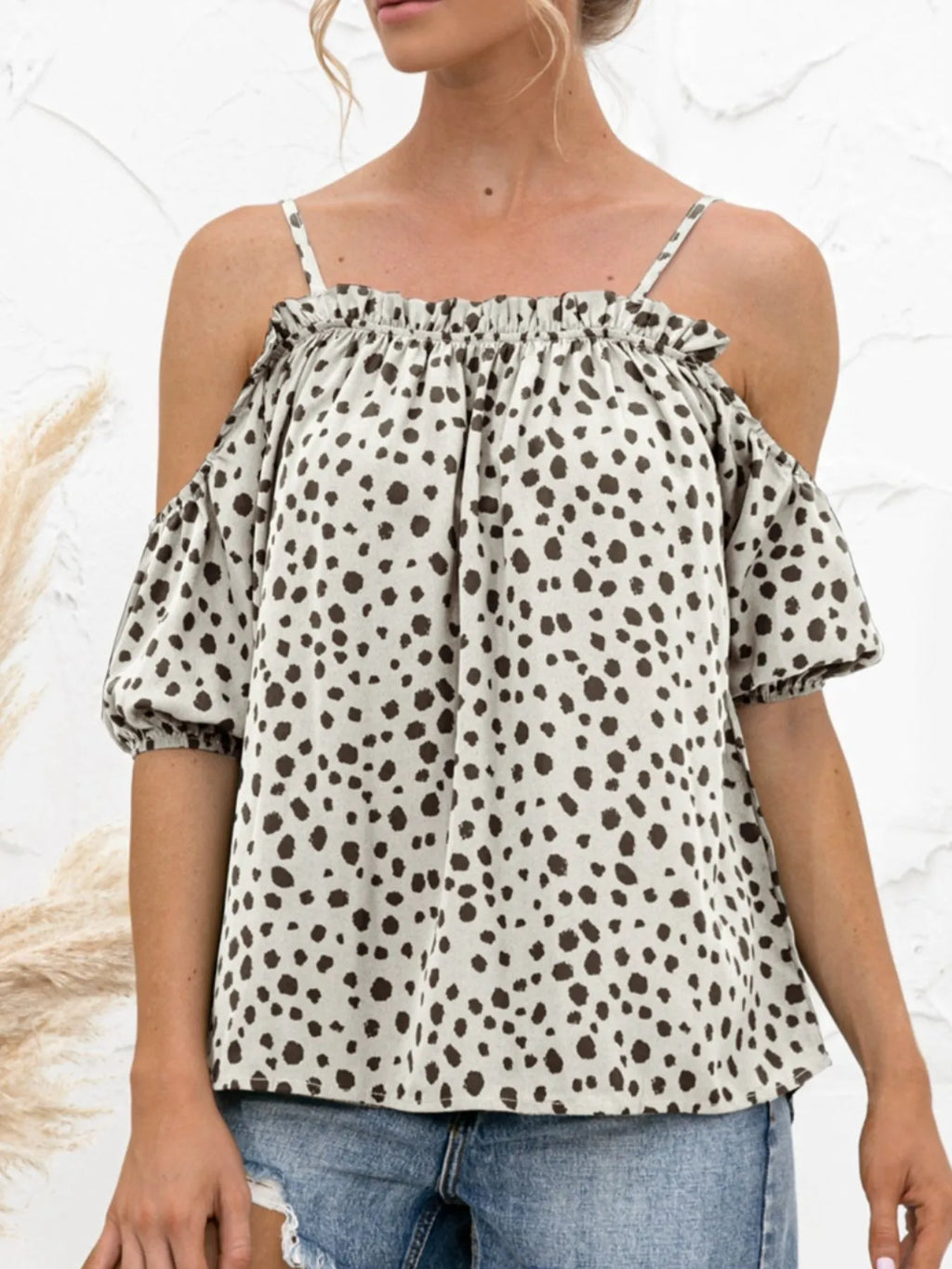 Puff Sleeve Polka Dot Ruffle Cami Top