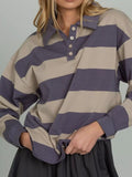 Striped Polo Collar Sweatshirt with Button Details