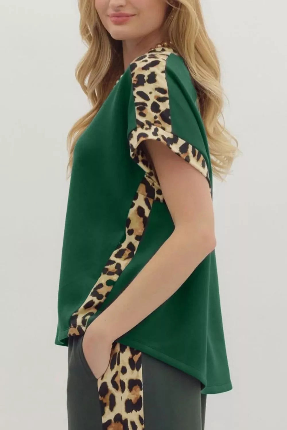 Leopard Trim Short Sleeve Relaxed Fit T-Shirt
