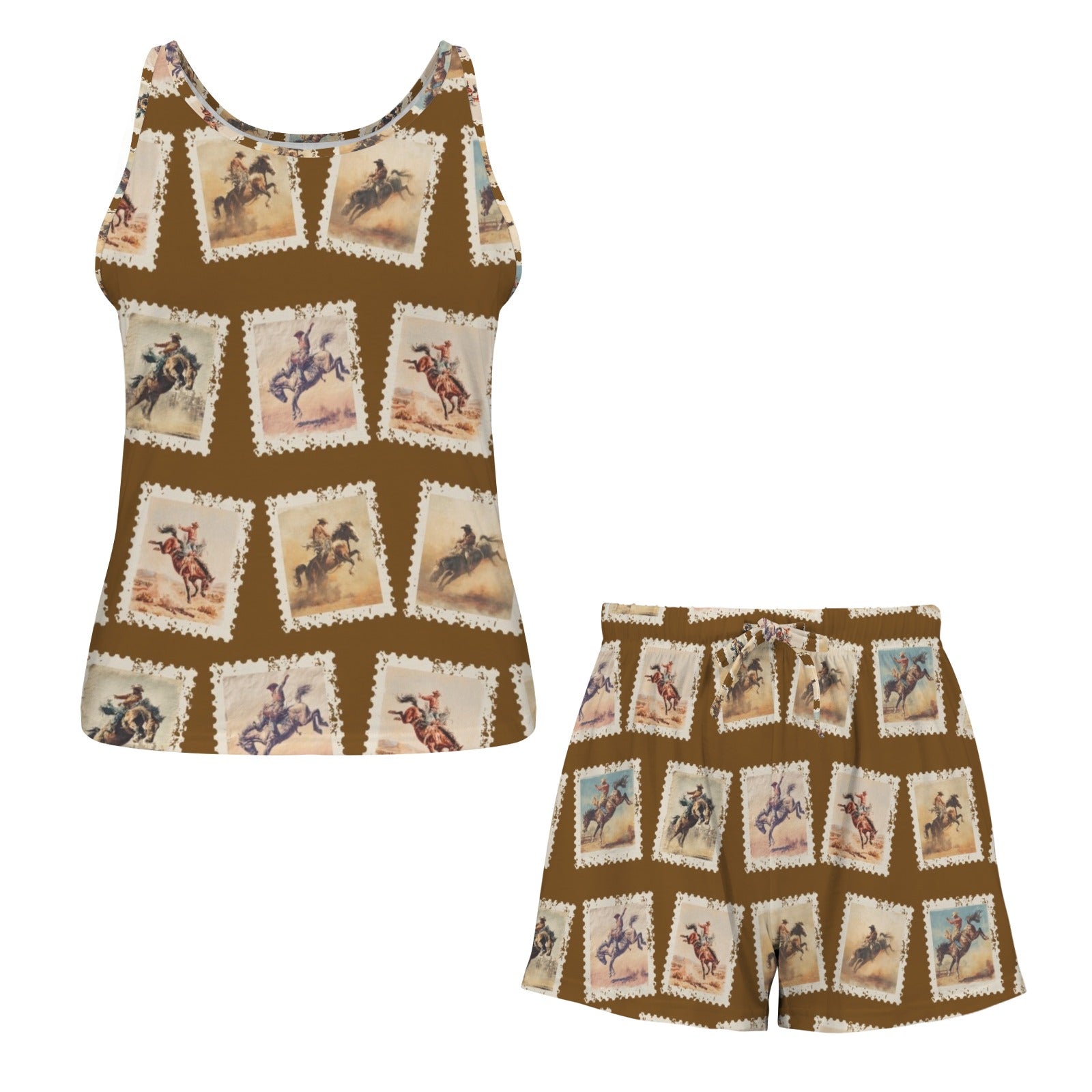 Baha Ranch Stamped Rodeo Cowboy Pajama Lounge Tank Shorts Set Made in America