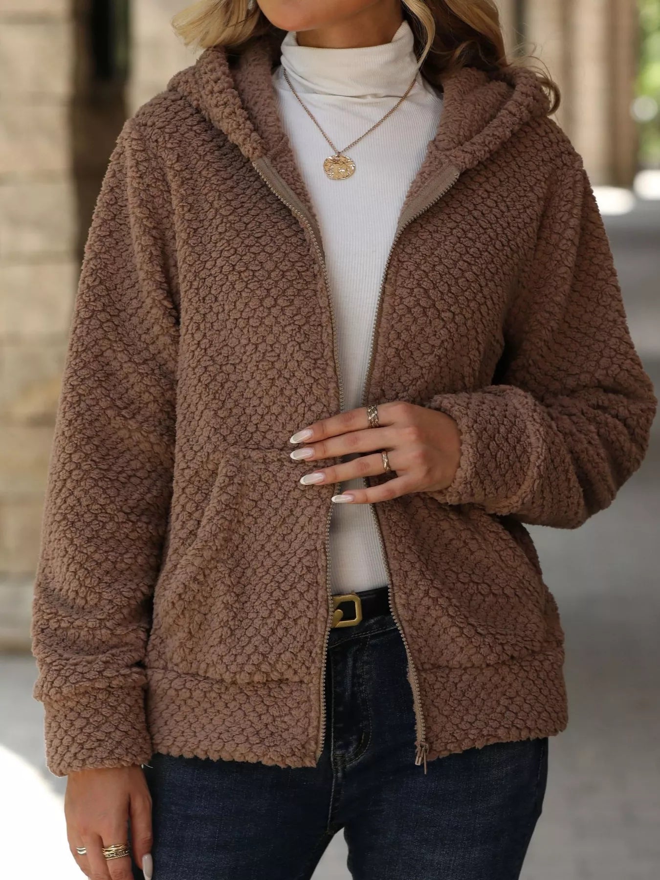 Textured Knit Zip-Up Hooded Outerwear