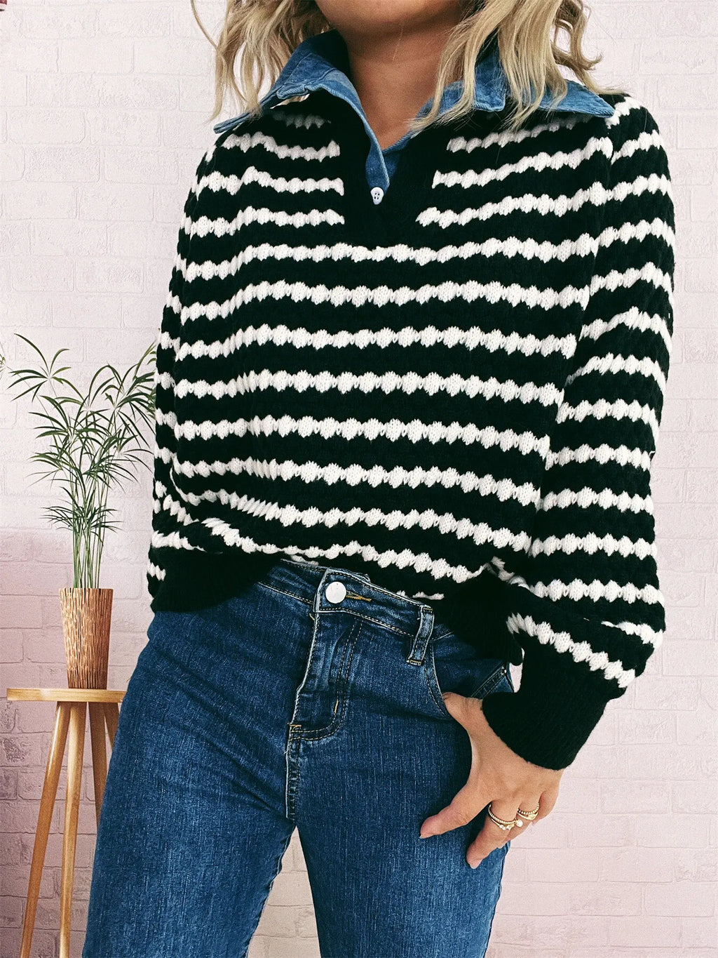 Contrast Striped Sweater with Denim Collar