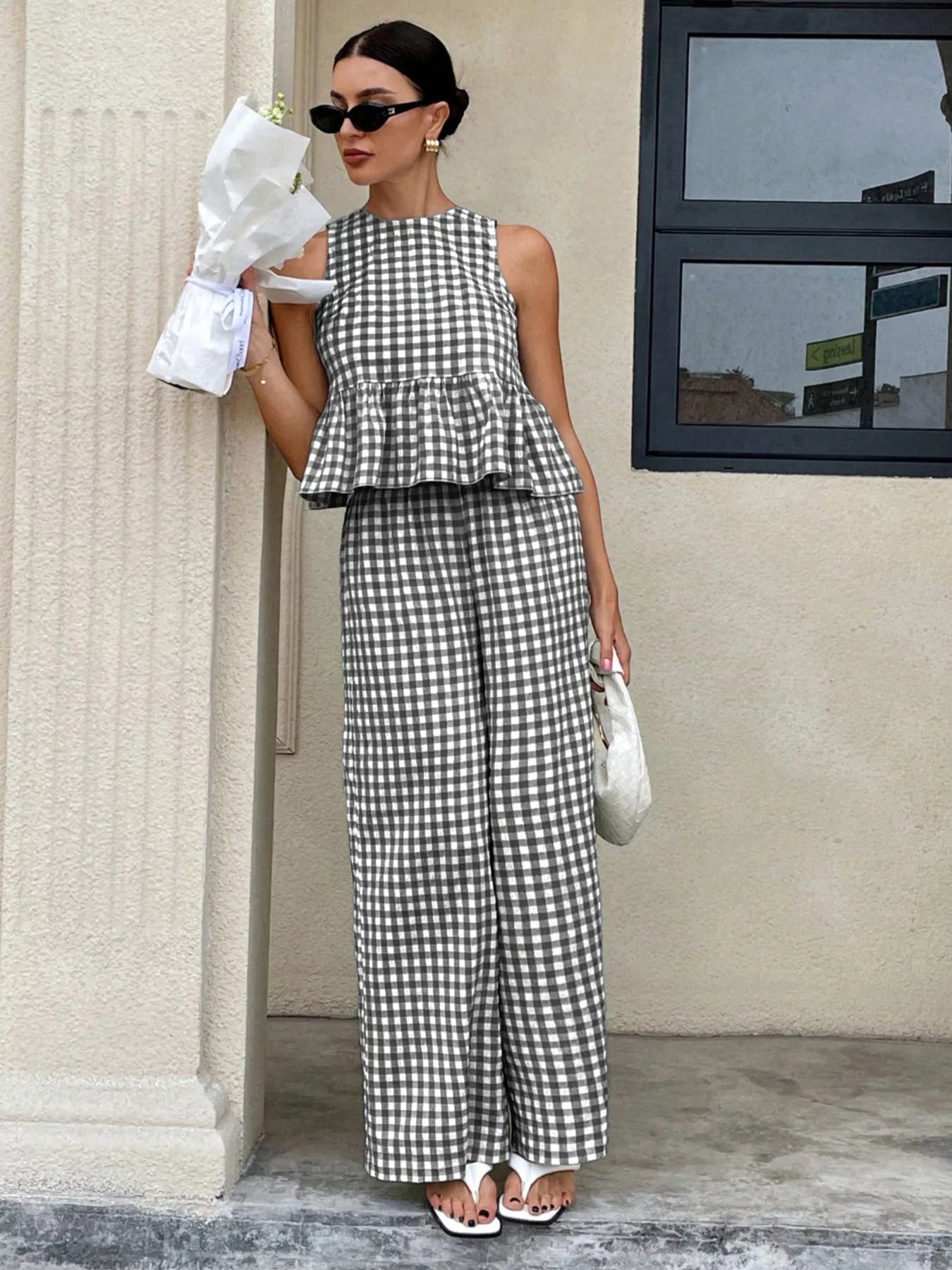 Gingham Sleeveless Top and Wide Leg Pants Set
