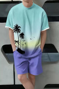 Men's Full Size Tropical Print Casual Tee and Shorts Set Plus Size