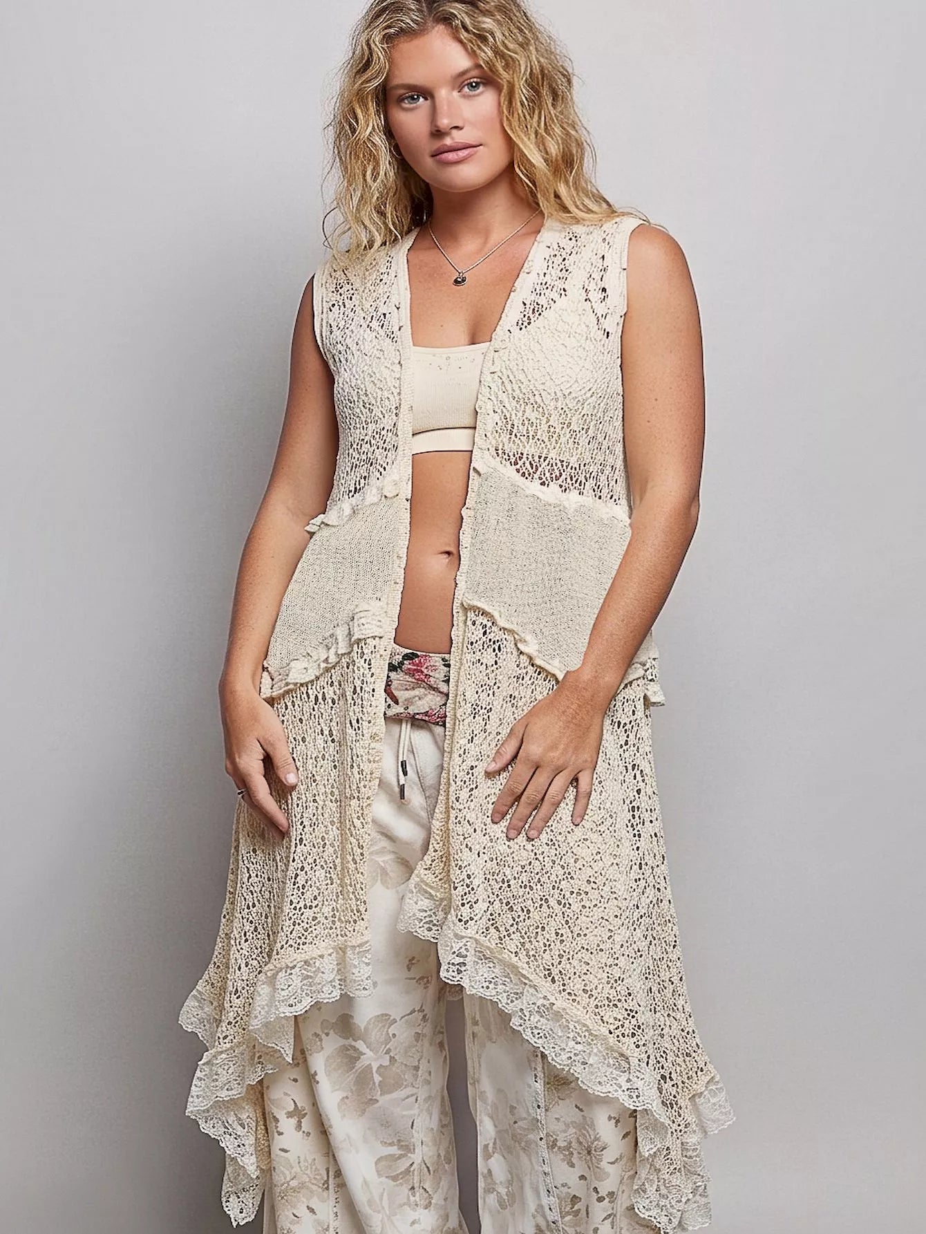 POL Vintage Wash Ruffled Crochet Vest Cardigan
