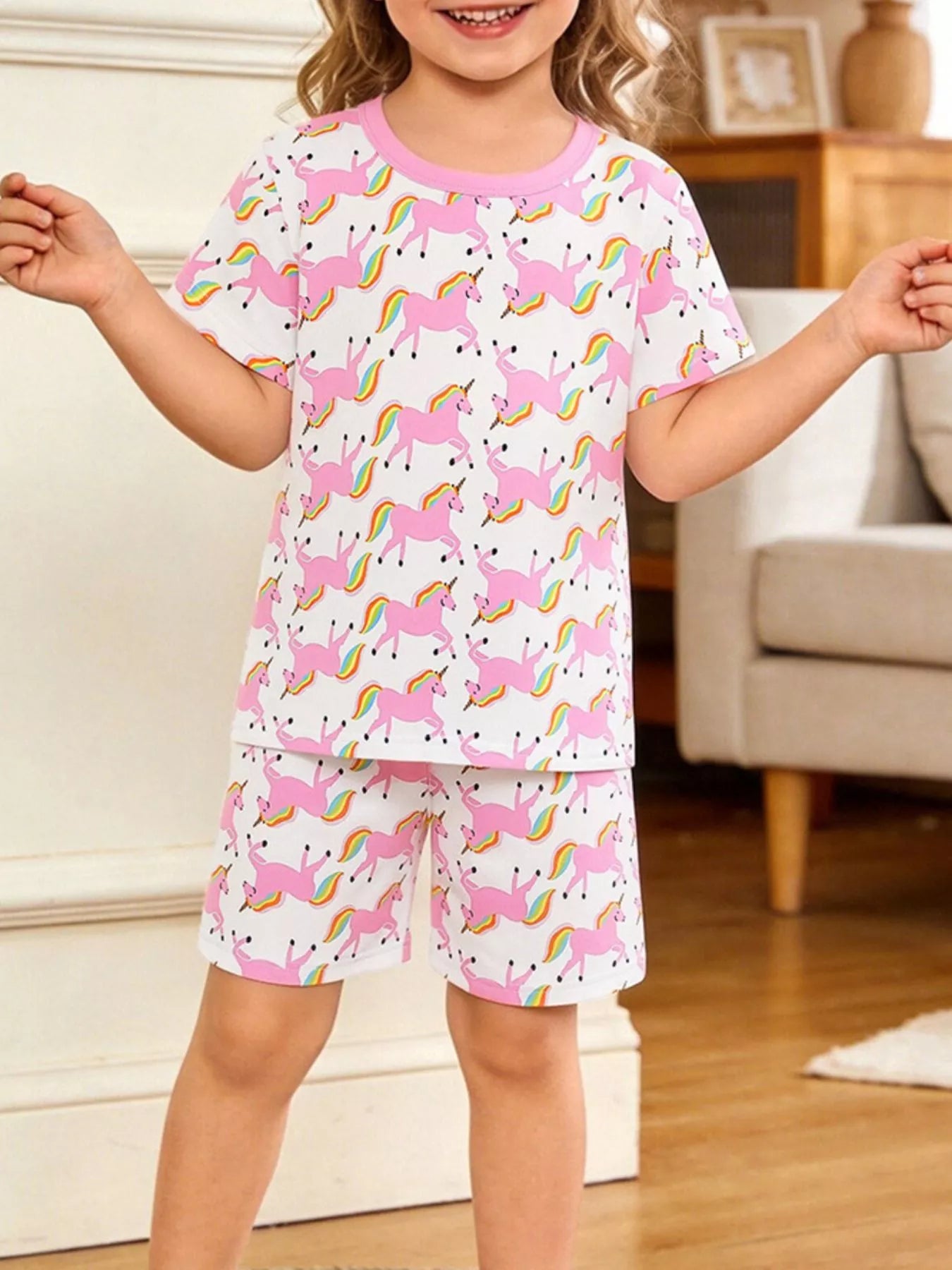 Children's Unicorn Print Short Sleeve Tee and Shorts Set