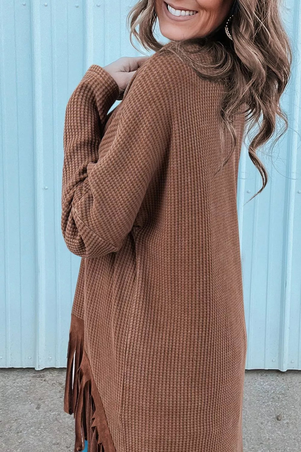 Waffle Knit Fringed High Low Loose Top