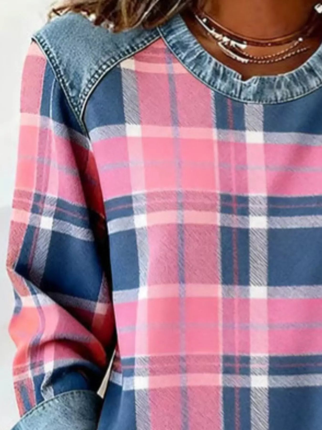 Full Size Plaid Denim Trim Long Sleeve Sweatshirt Plus Size