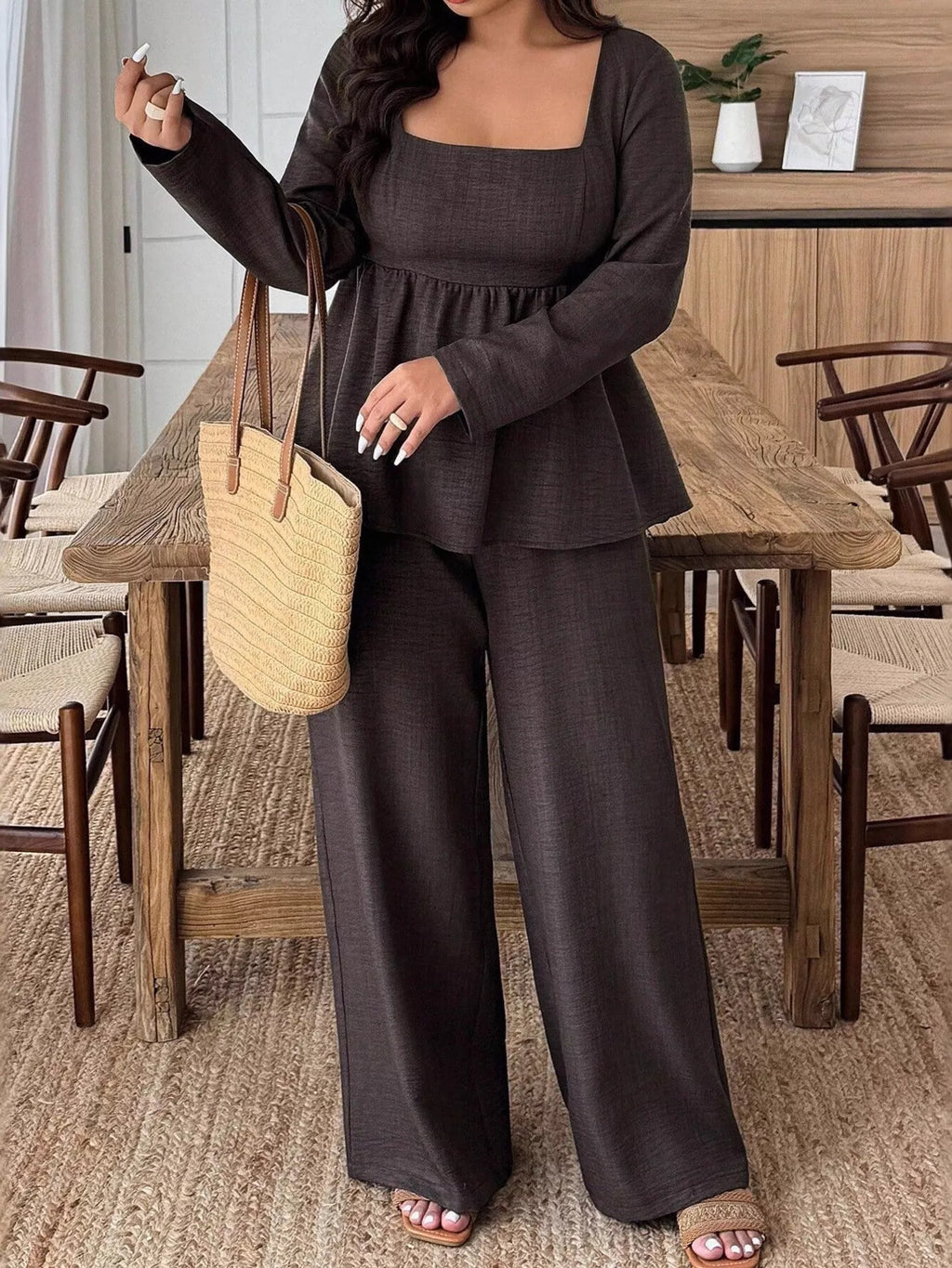 Plus Size Square Neck Long Sleeve Top and Pants Two-Piece Set