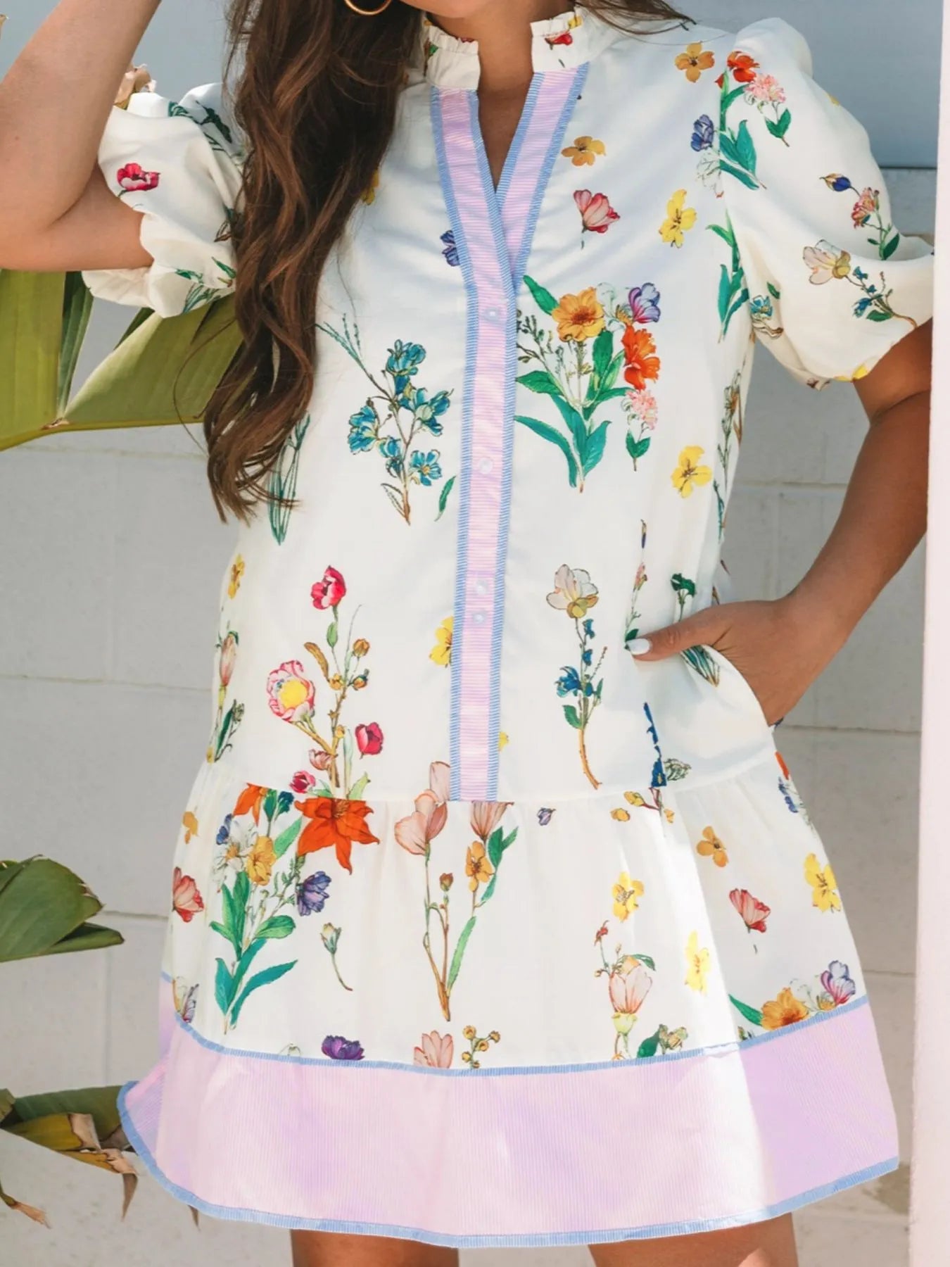 Floral Print Notched Short Sleeve Dress